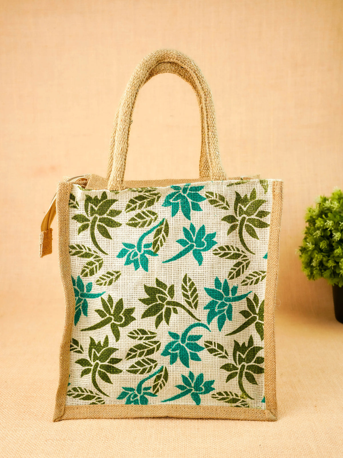 Floral Printed Jute Bag - 11x10 inch