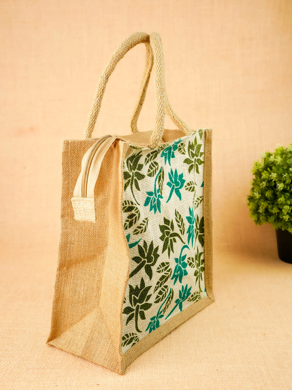 Floral Printed Jute Bag - 11x10 inch
