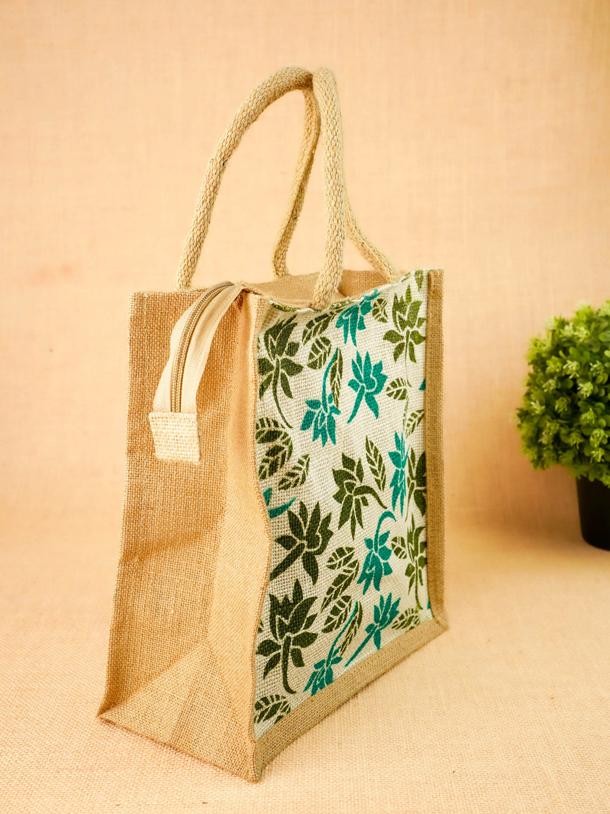 Floral Printed Jute Bag - 11x10 inch