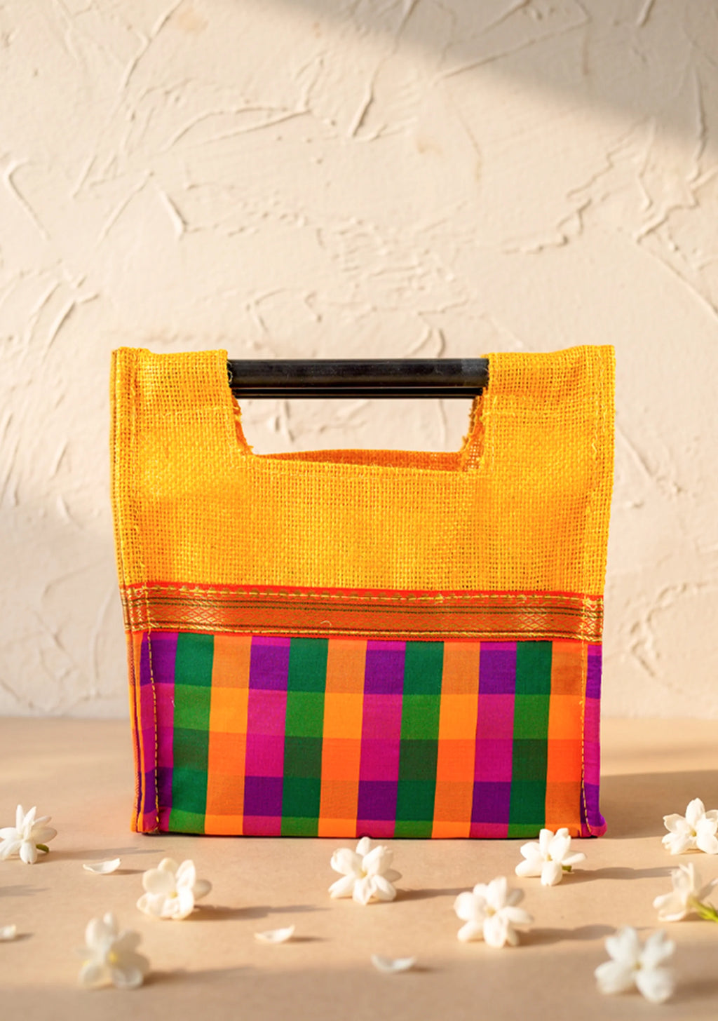 Traditional Checked Jute Bag - 9x9 inch