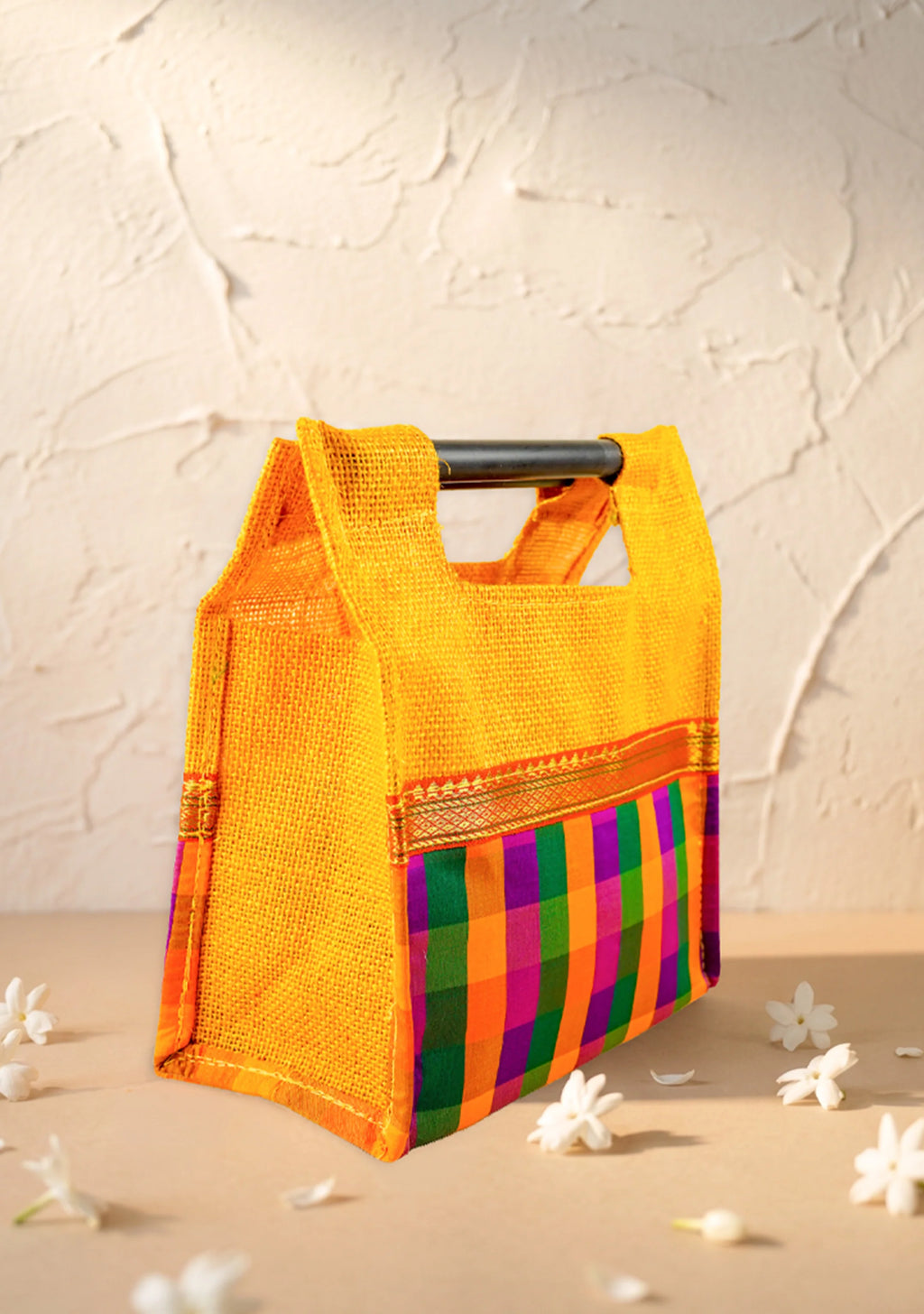Traditional Checked Jute Bag - 9x9 inch