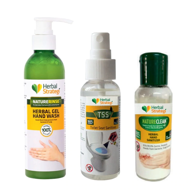 Product: Herbal Strategi Hygiene Pack of 3 ( Gel Hand Wash 200ml+Hand Sanitizer 100 ml+Toilet Seat Santizer 50ml)