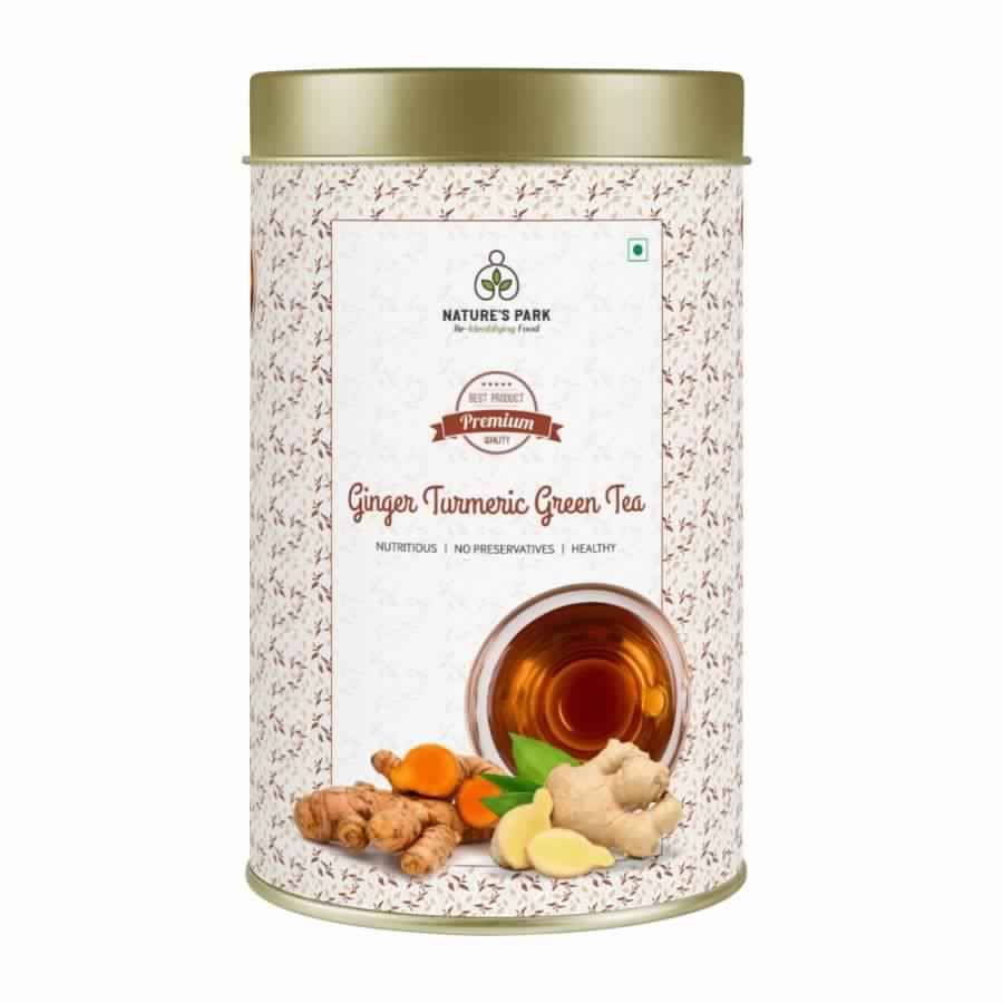 Product: Natures Park Ginger Turmeric Green Tea Healthy Herbal Tea Loose Leaves blended with Dried Ginger and Turmeric Flakes – Helps reduces Menstrual Pain, 100% Natural, No Artificial Flavours Ginger,Turmeric Green Tea Can (100 g)