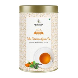 Product: Natures Park Tulsi Turmeric Green Tea Perfect Blend of Tulsi Leaves and Turmeric flakes along with Green Tea Leaves – Elixir for Skin and  Hair Health, Immunity Booster Tulsi, Turmeric Green Tea Can (100 g)
