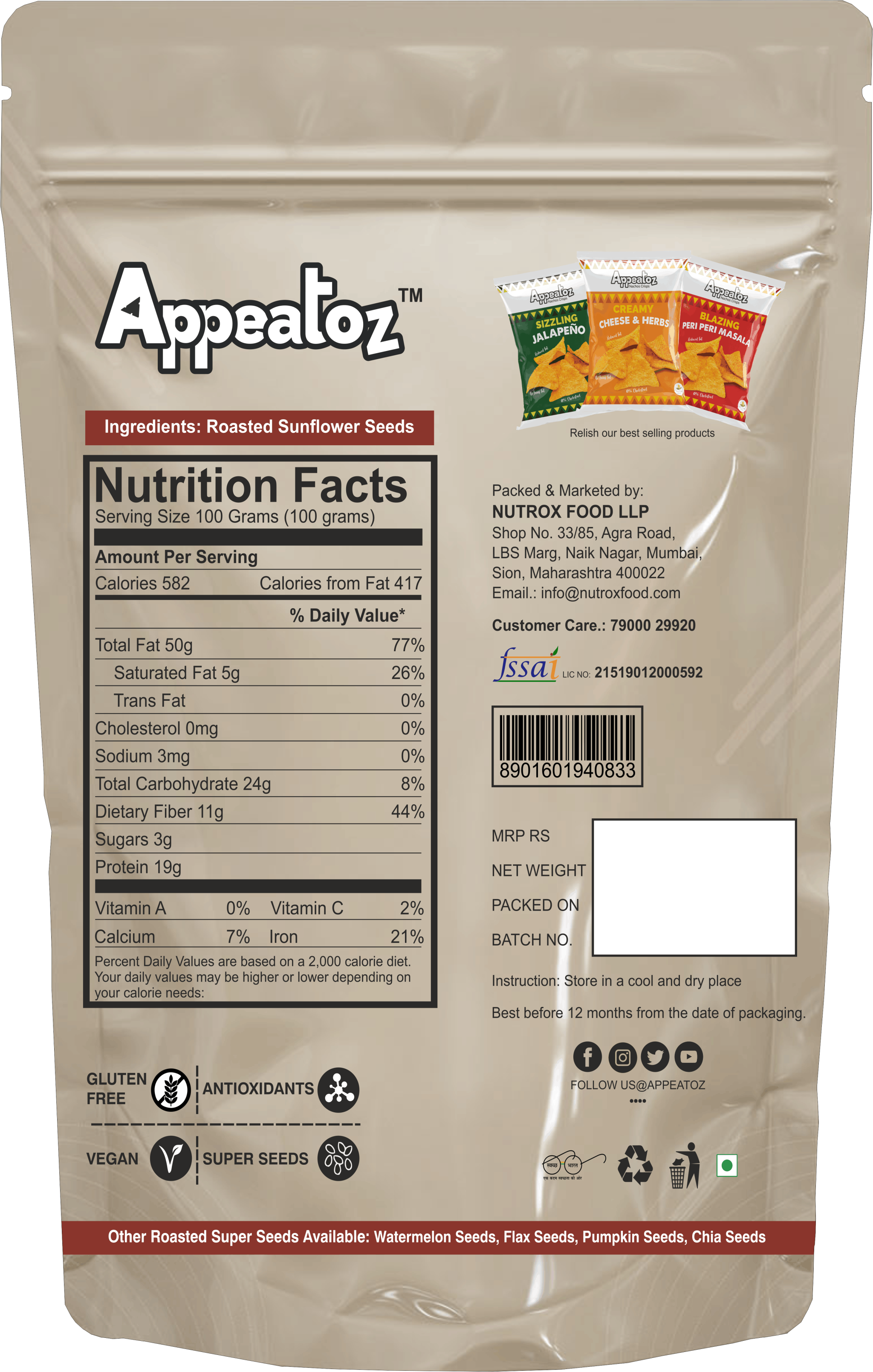 Product: Nutrox Foods Roasted Sunflower seeds 100 g