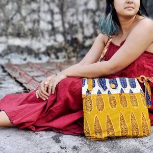 Product: Almitra Sustainables Yellow & Off-White Hand Block Printed Braided Ethnic Sling Bags