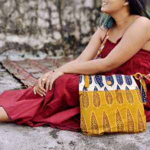Product: Almitra Sustainables Yellow & Off-White Hand Block Printed Braided Ethnic Sling Bags