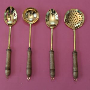 Product: Indian Bartan Set of 4 Brass Ladles with Wooden Handles