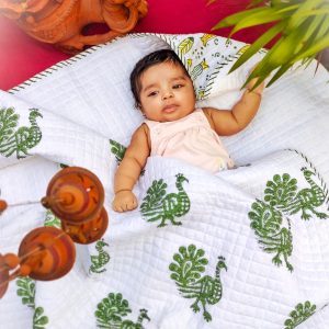 Product: Almitra sustainables Mystic Peacock – Hand Block Printed Muslin Blanket