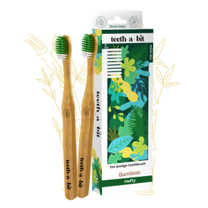 Product: Teeth-a-bit Bamboo Toothbrush Adults Hefty Handle Anti-Plaque Medium Bristles Pack of 2 (Forest Green)