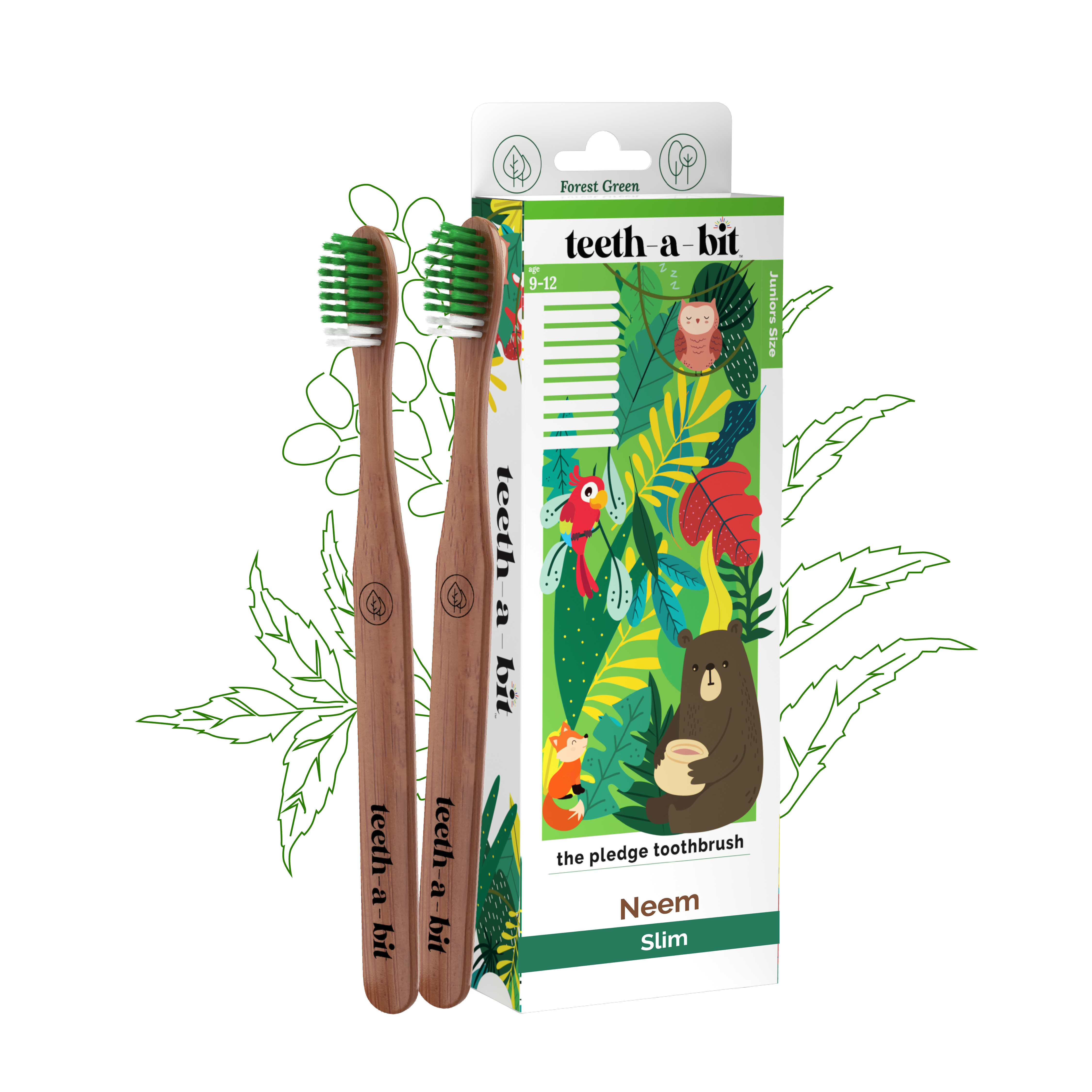Product: Teeth-a-bit Neem Toothbrush Kids (9-12 Years) Slim Handle with Gum Sensitive Soft Bristles Pack of 2 (Forest Green)