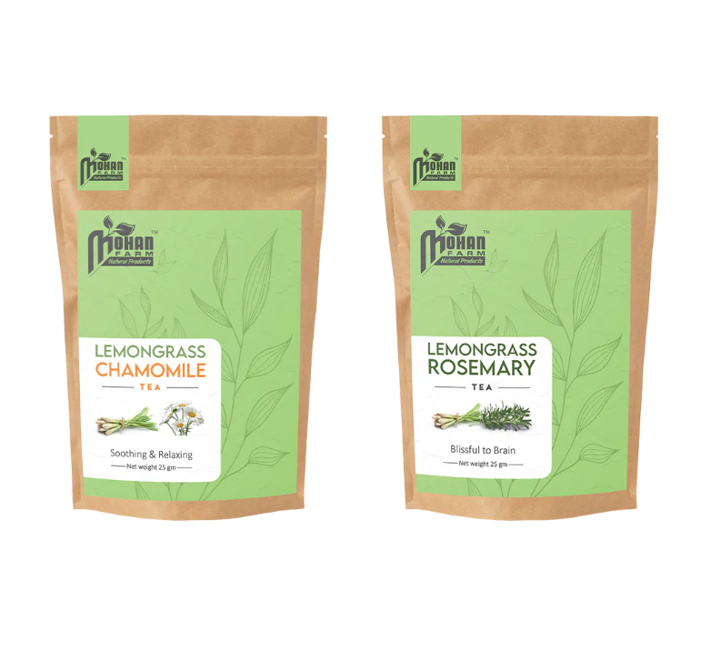 Product: Mohan Farms Combo Of Herbal Lemongrass Chamomile Tea (25gm) And Herbal Lemongrass Rosemary Tea (25gm)